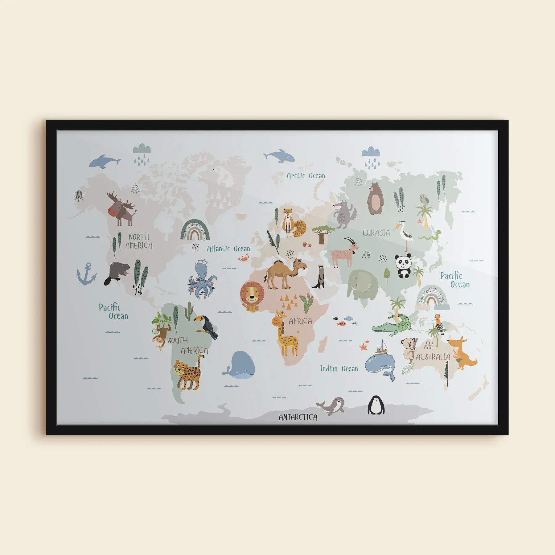 murales de pared Ilustración caprichosa del mapa mundial de animales f32082