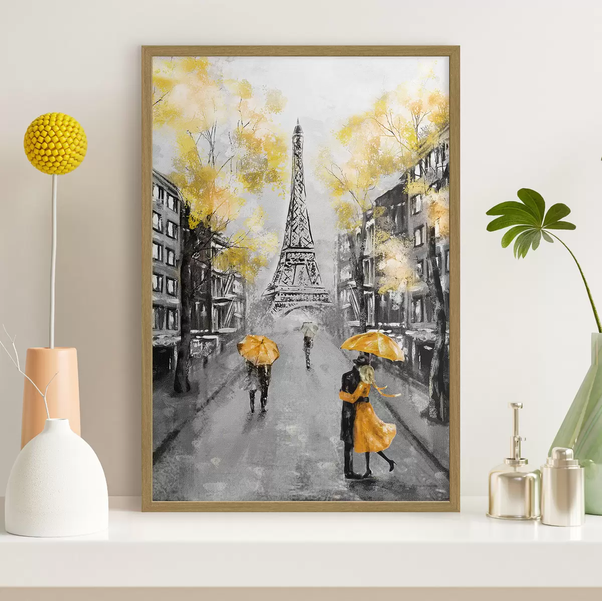 Poster París bajo paraguas amarillos f34592