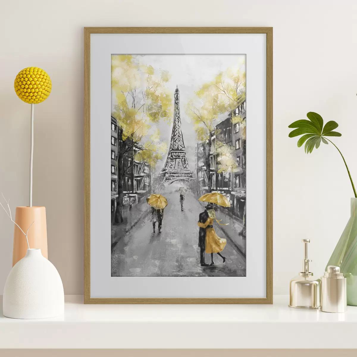 Poster París bajo paraguas amarillos f34592