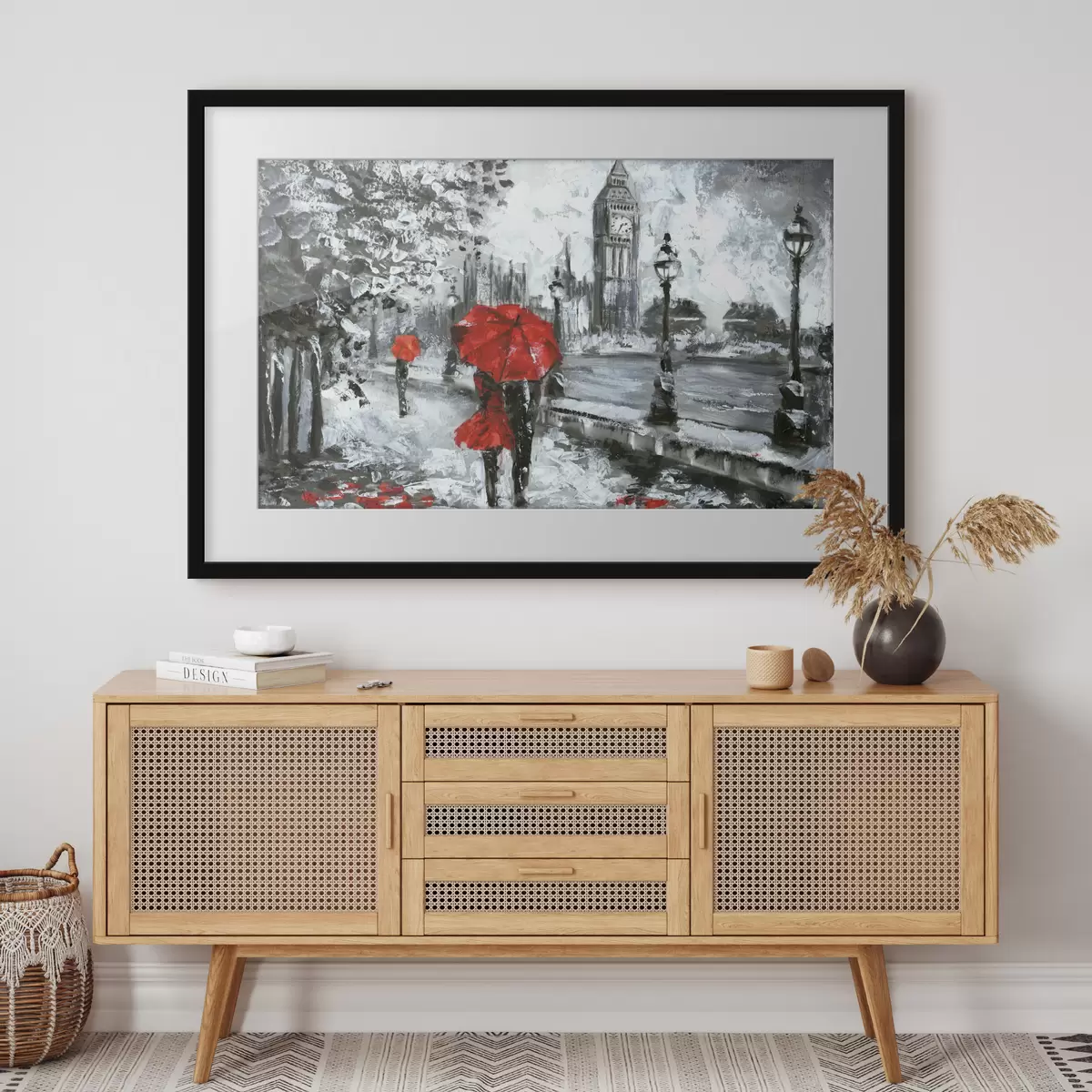 Poster Pareja bajo paraguas rojos en Londres f34614