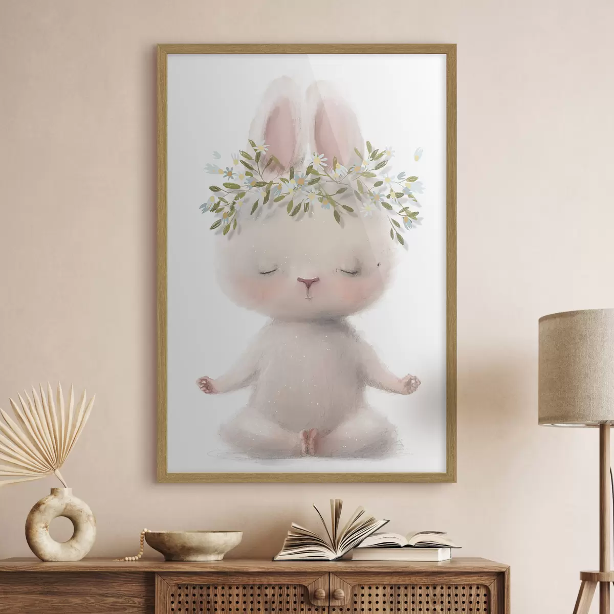 Poster Conejito meditabundo con corona floral f35005