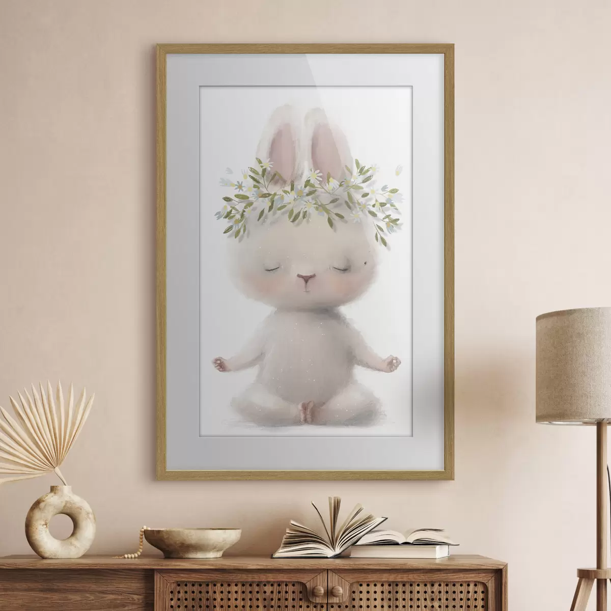 Poster Conejito meditabundo con corona floral f35005