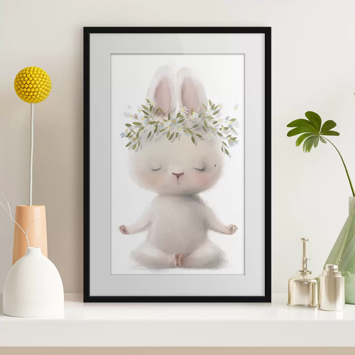 Poster Conejito meditabundo con corona floral f35005