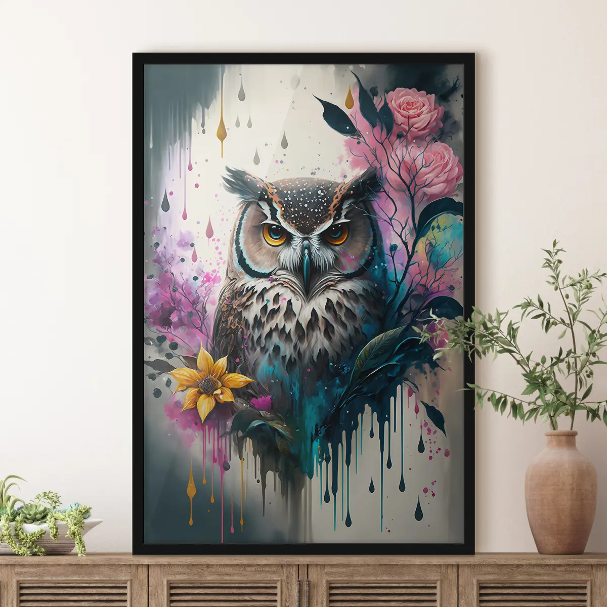 Poster Búho rodeado de flores vibrantes f35348