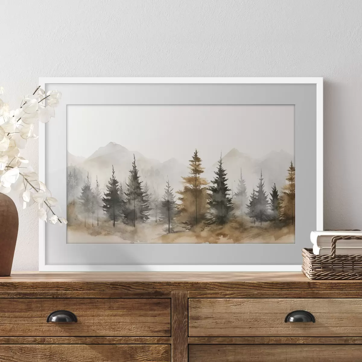 Poster Tranquilo paisaje forestal en tonos suaves f36010
