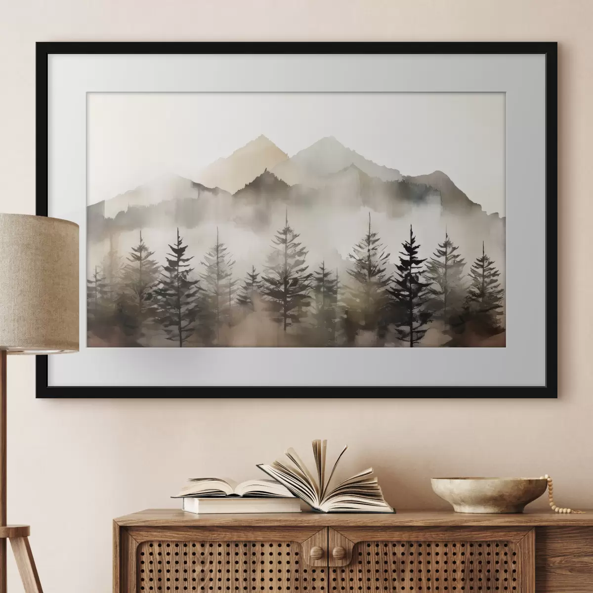 Poster Montañas brumosas con árboles serenos f36009