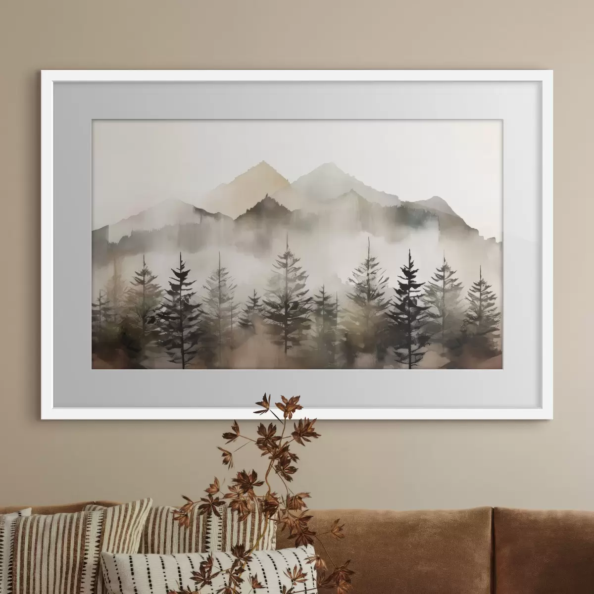 Poster Montañas brumosas con árboles serenos f36009