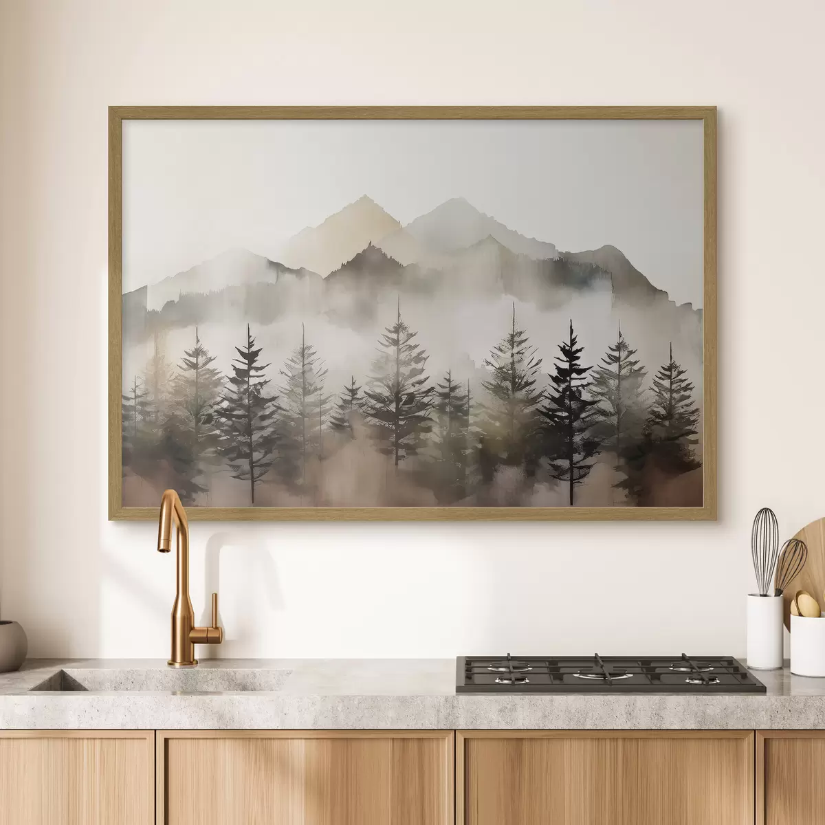 Poster Montañas brumosas con árboles serenos f36009