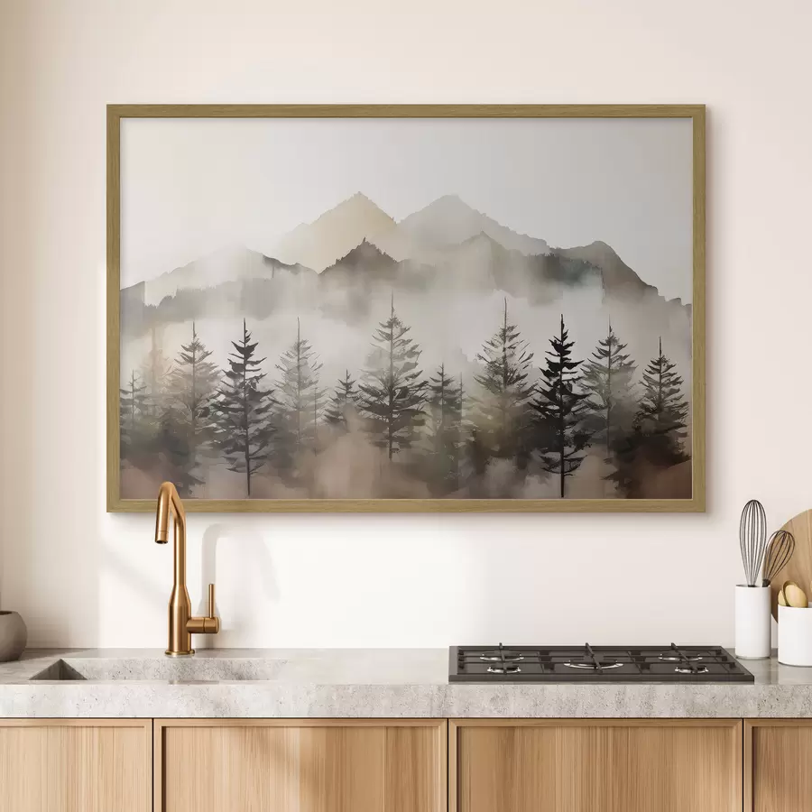 murales de pared Montañas brumosas con árboles serenos f36009