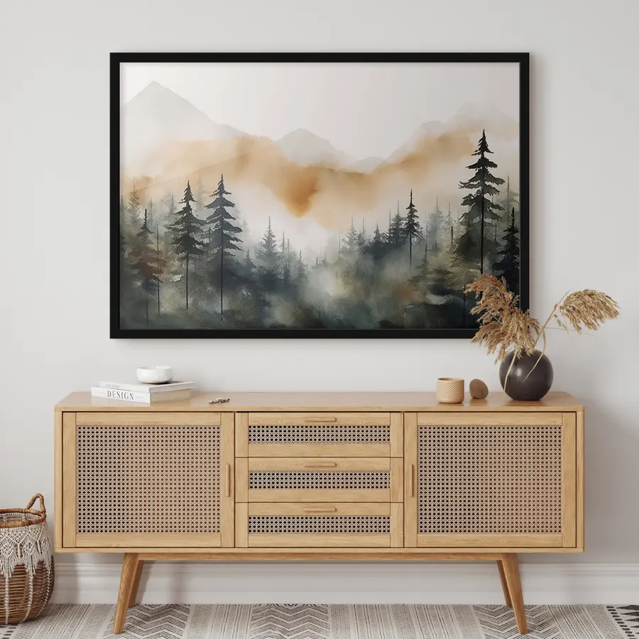 murales de pared Bosque de montaña brumoso al amanecer f36008