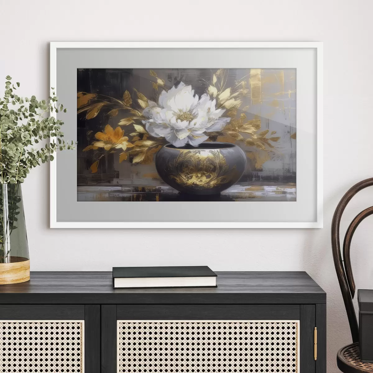 Poster Flor blanca en jarrón oscuro f35388