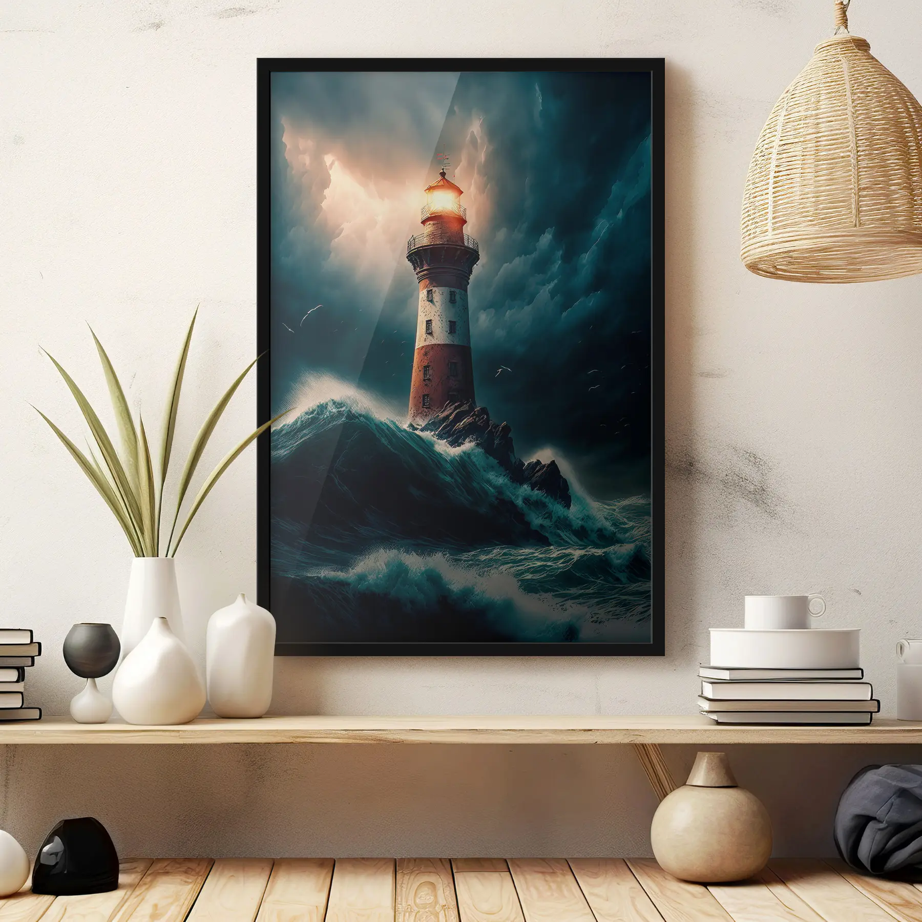 murales de pared Faro que guía en aguas turbulentas f35349