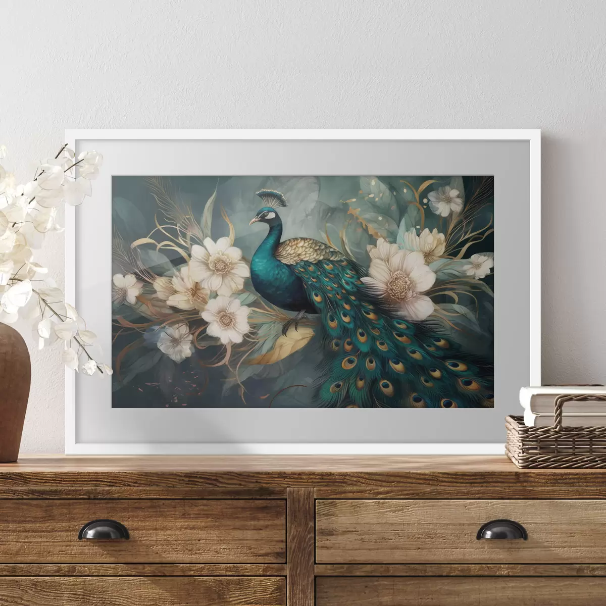 Poster Pavo real vibrante entre delicadas flores f34866