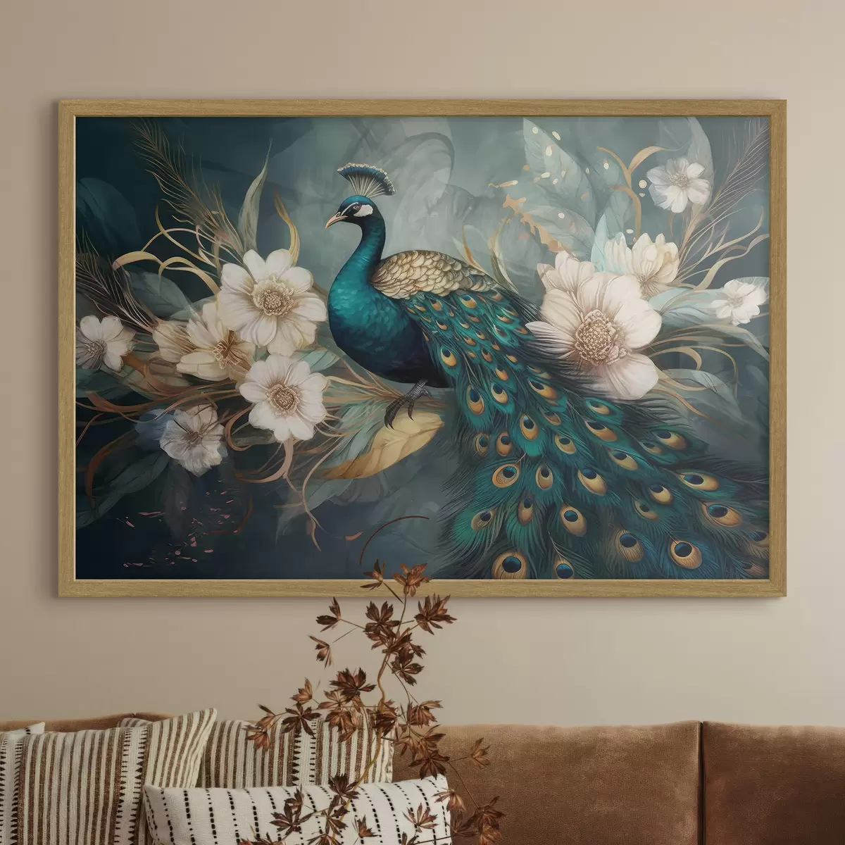Poster Pavo real vibrante entre delicadas flores f34866