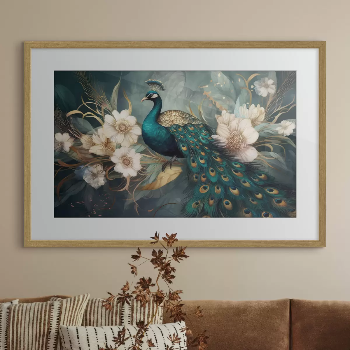 Poster Pavo real vibrante entre delicadas flores f34866