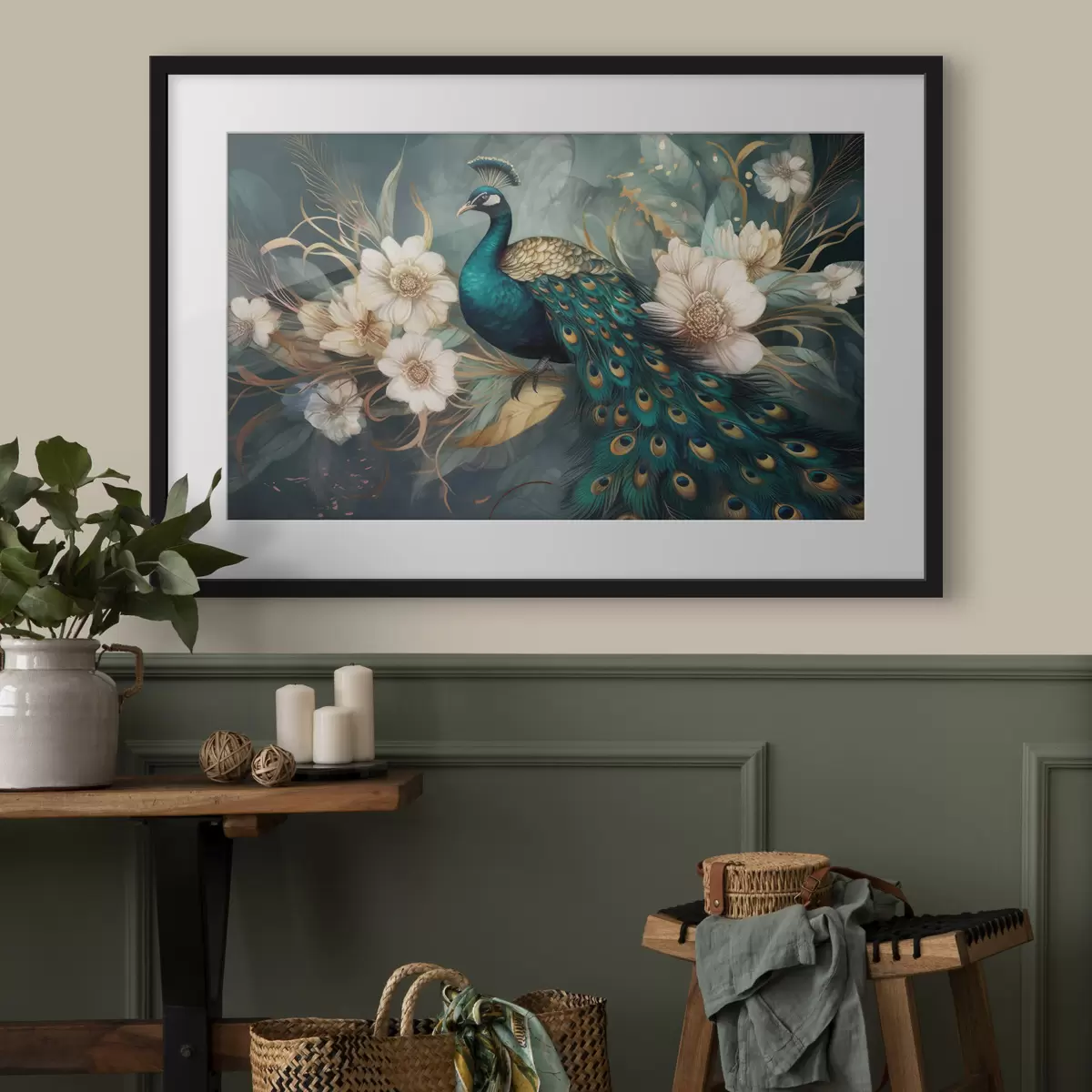 Poster Pavo real vibrante entre delicadas flores f34866