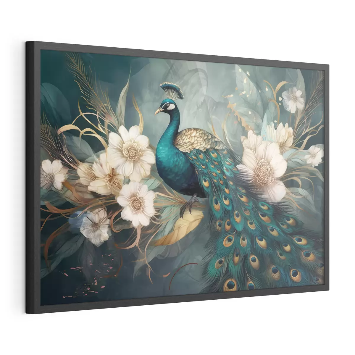 Poster Pavo real vibrante entre delicadas flores f34866
