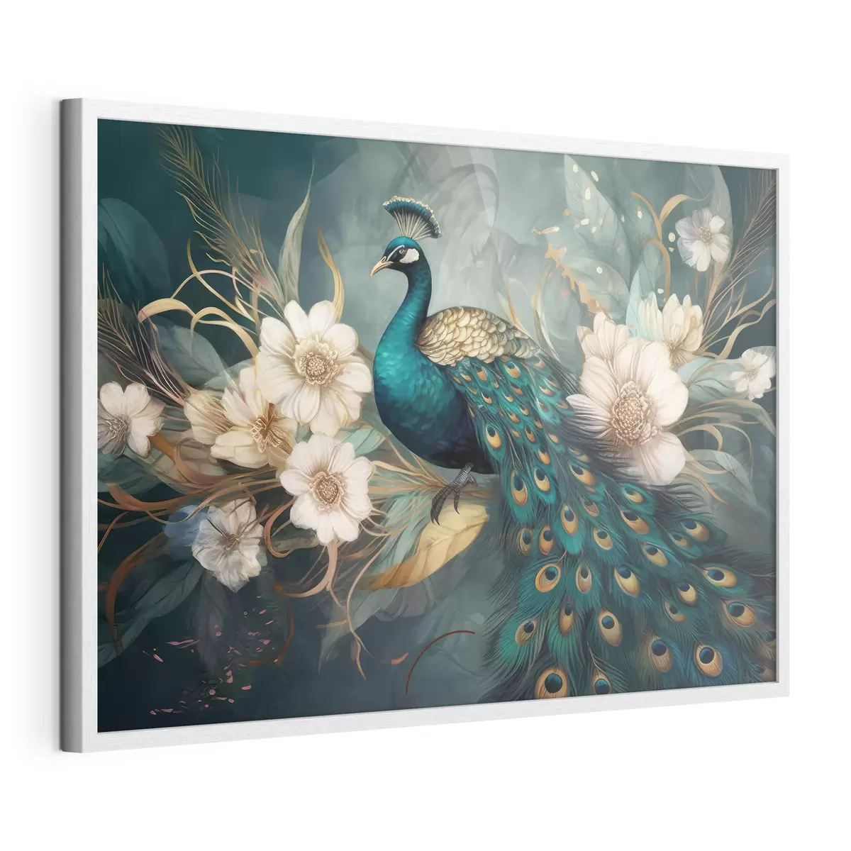 Poster Pavo real vibrante entre delicadas flores f34866