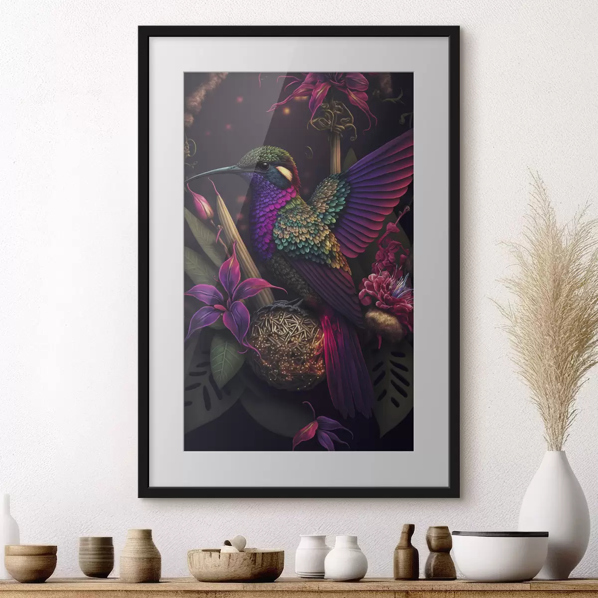 Poster Colibrí vibrante entre flores en flor f33703