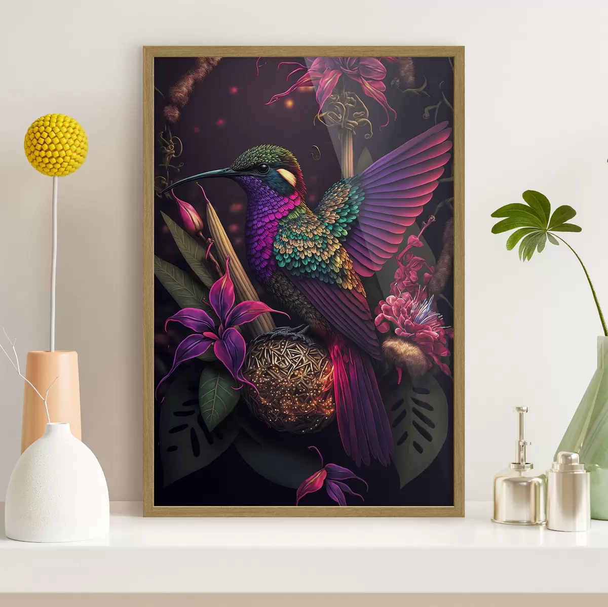 Poster Colibrí vibrante entre flores en flor f33703