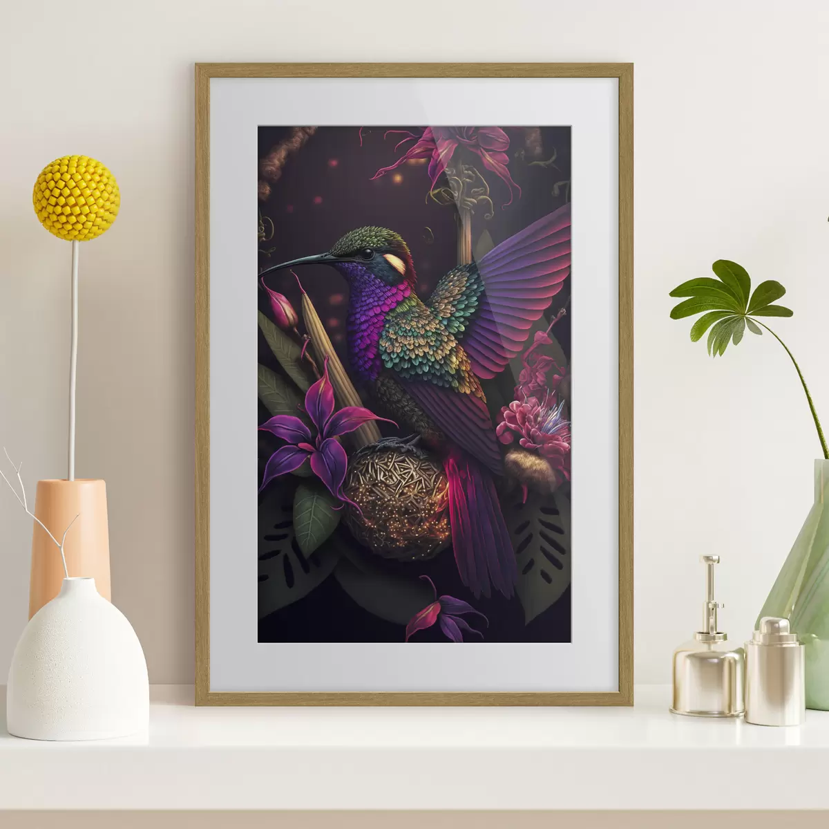 Poster Colibrí vibrante entre flores en flor f33703