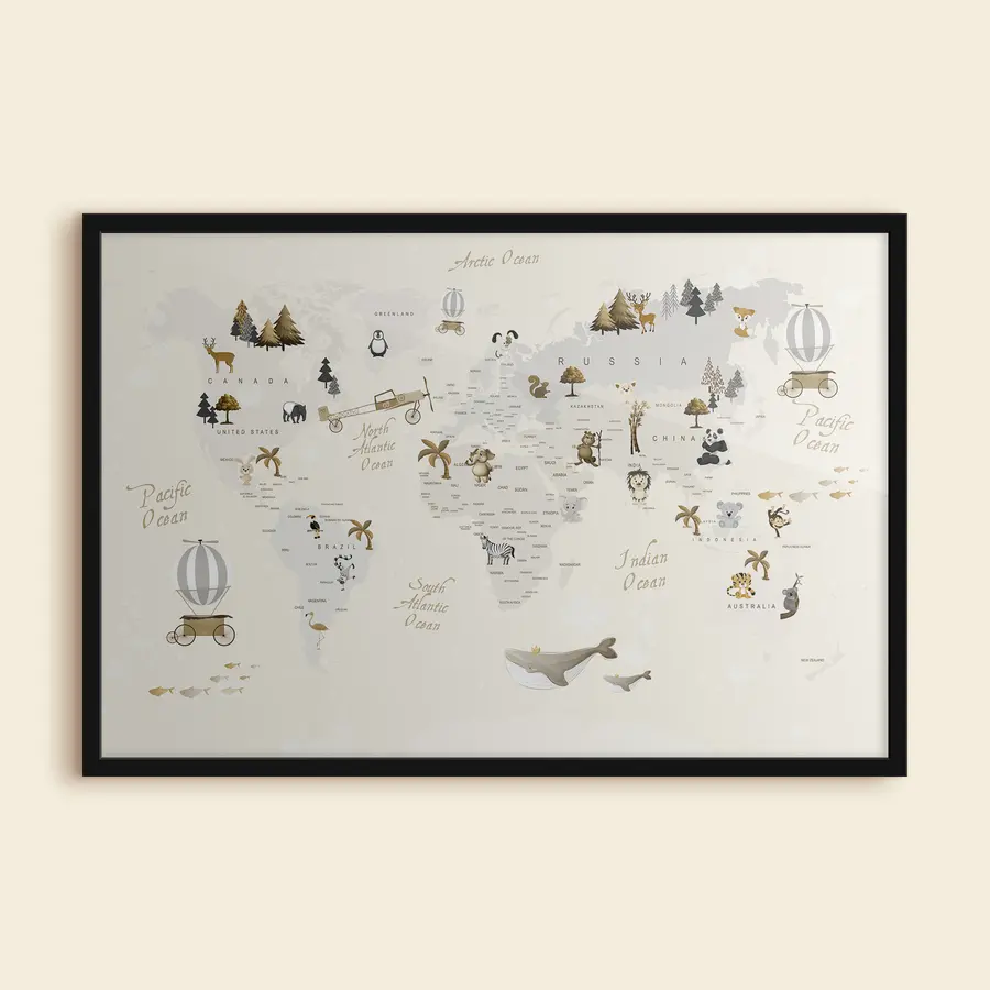 murales de pared Mapa del mundo caprichoso con animales f31798