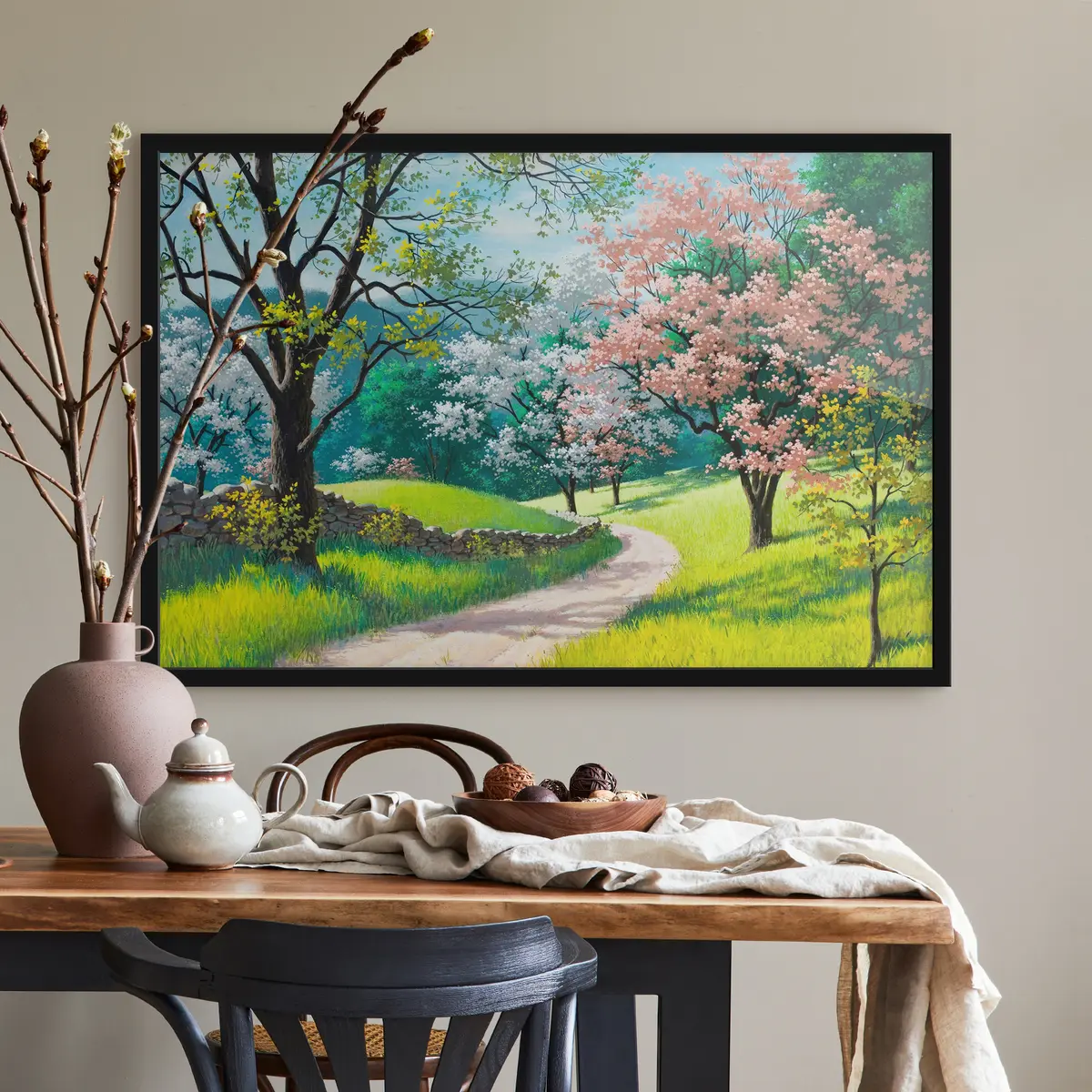 Poster Árboles en flor a lo largo de un camino sinuoso f15350