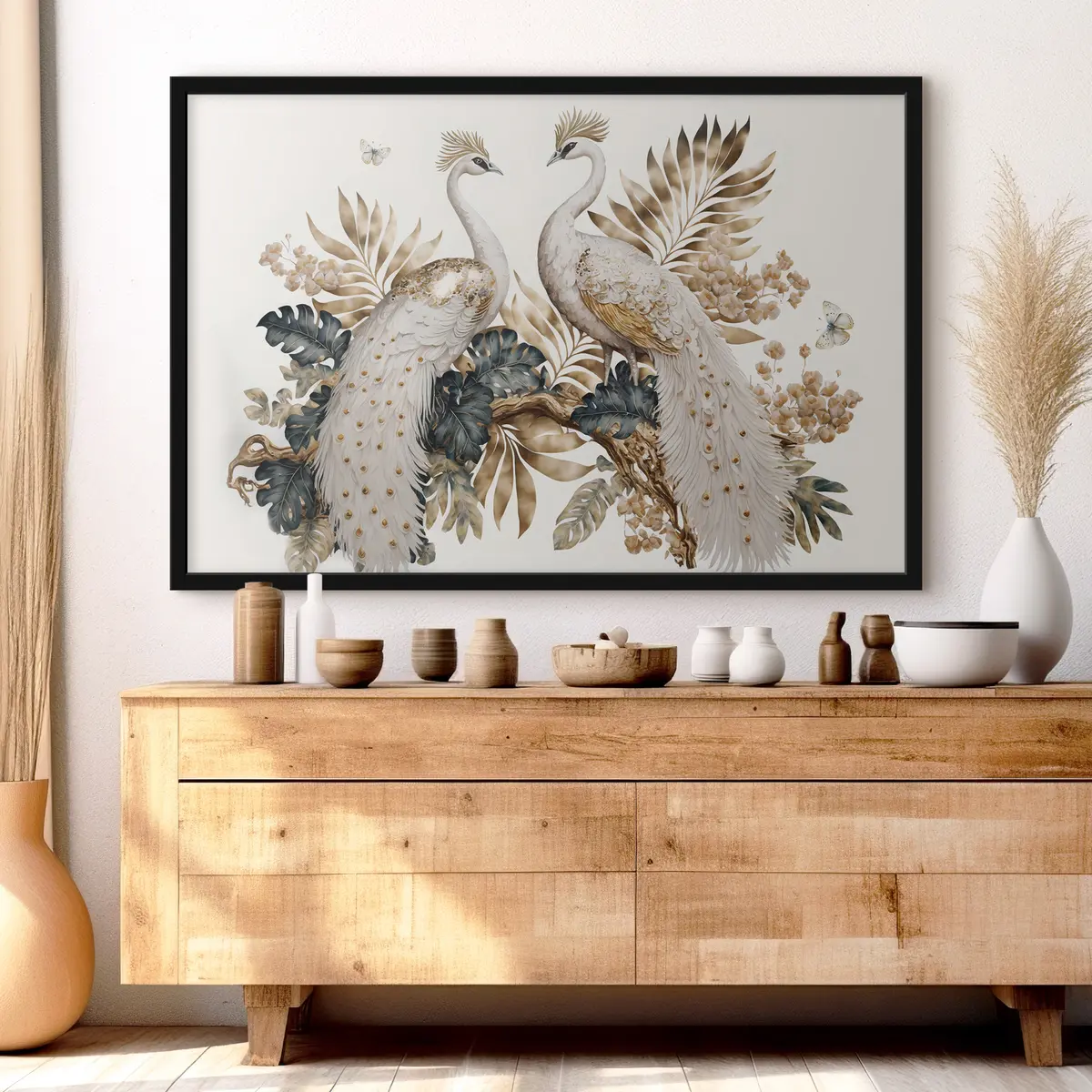 Poster Elegantes pavos reales en medio de un exuberante follaje f33942