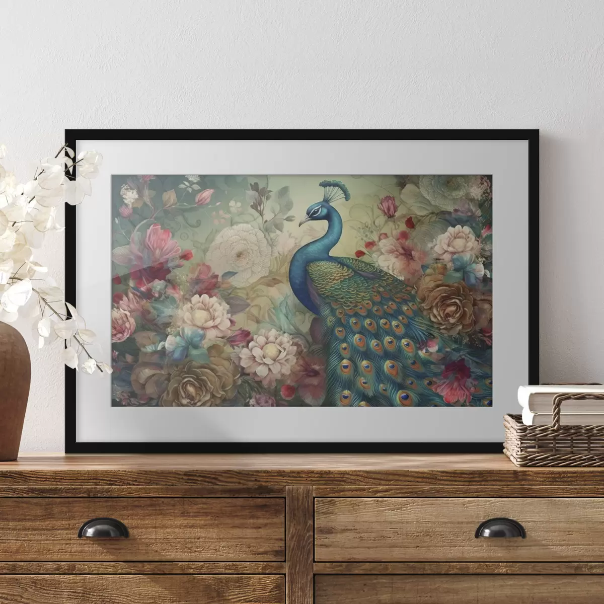 Poster Magnífico pavo real entre flores en flor f34869