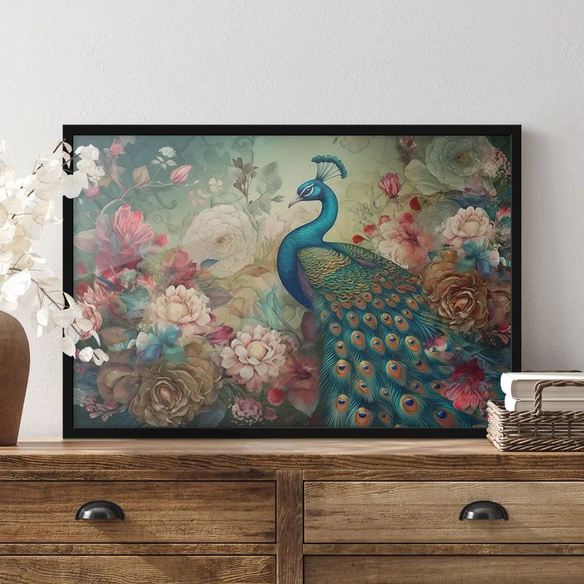 Poster Magnífico pavo real entre flores en flor f34869