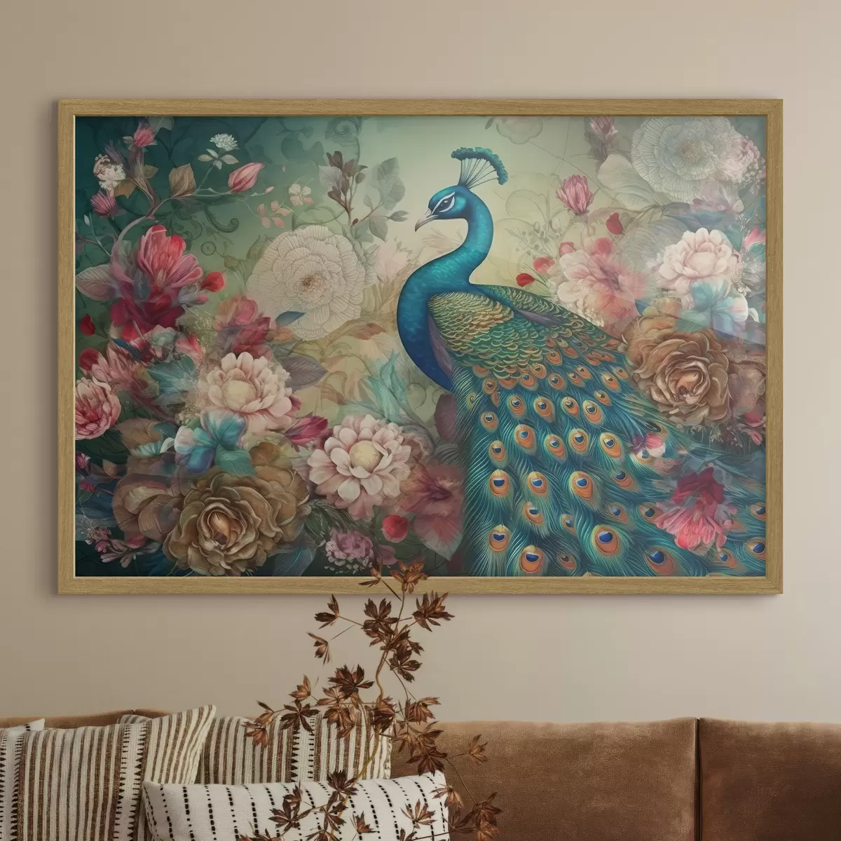 Poster Magnífico pavo real entre flores en flor f34869