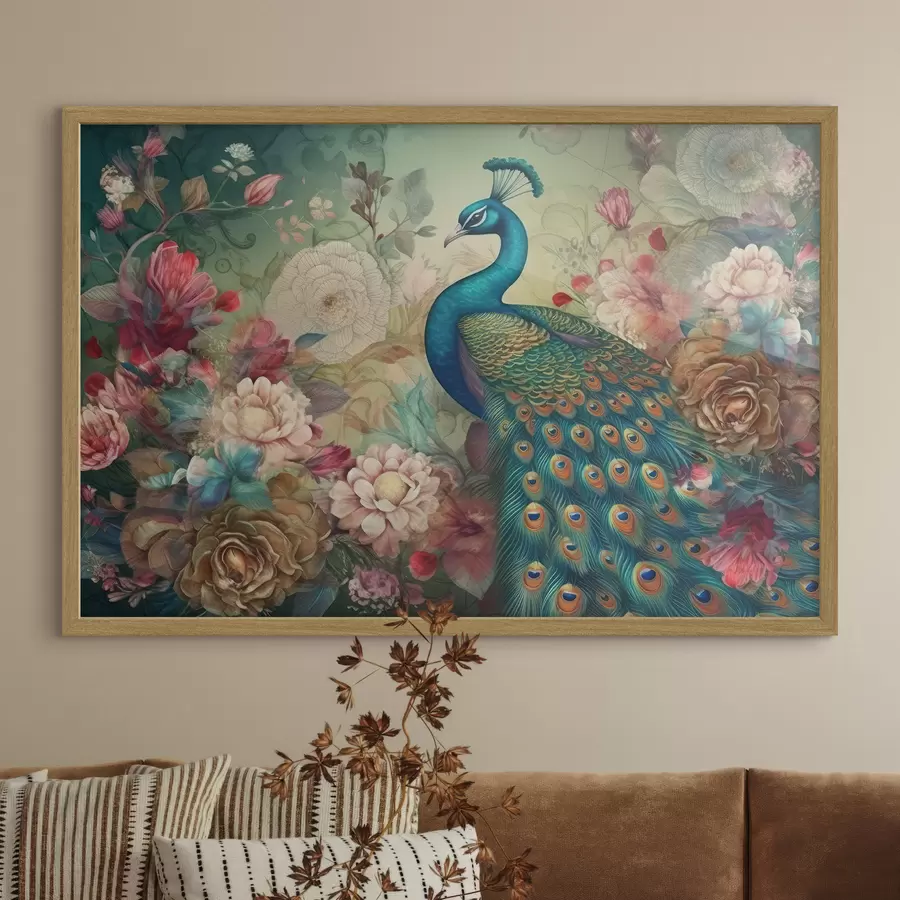 murales de pared Magnífico pavo real entre flores en flor f34869