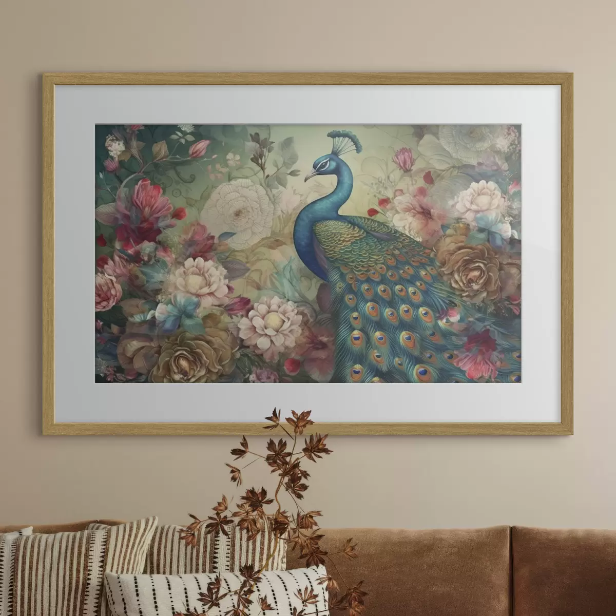 Poster Magnífico pavo real entre flores en flor f34869