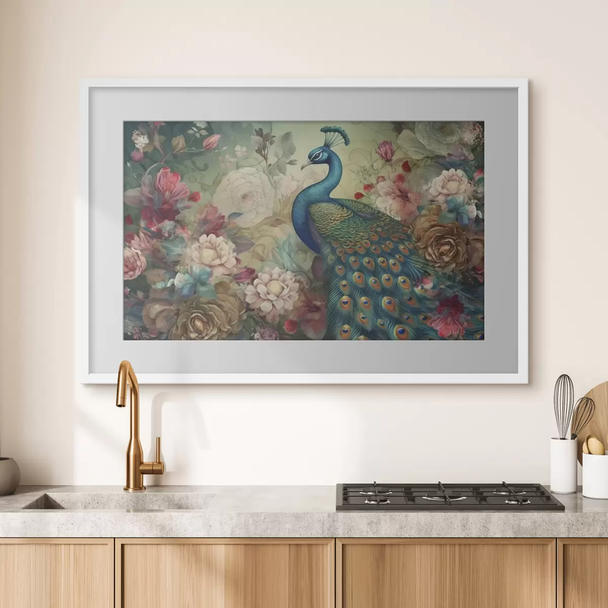 Poster Magnífico pavo real entre flores en flor f34869
