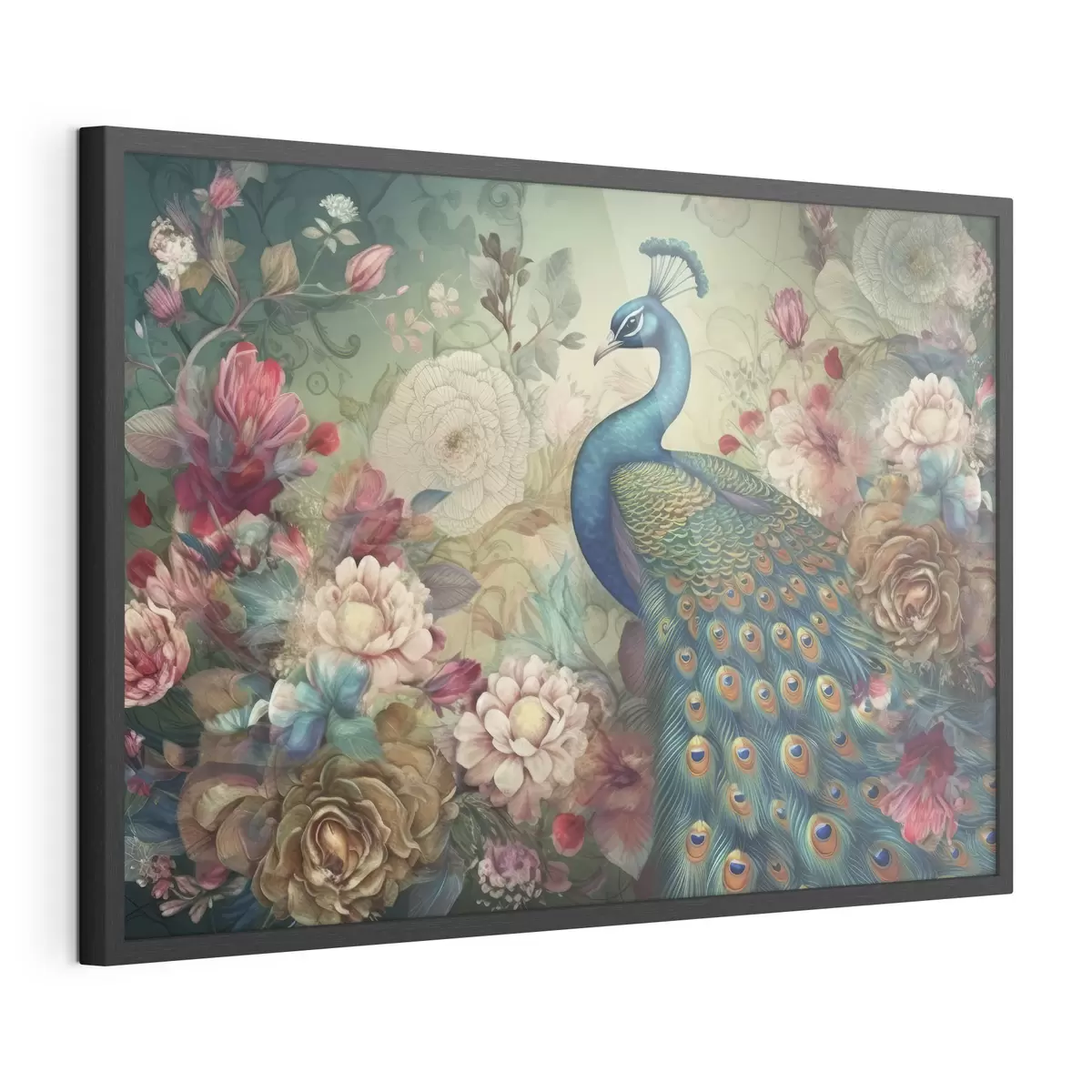 Poster Magnífico pavo real entre flores en flor f34869