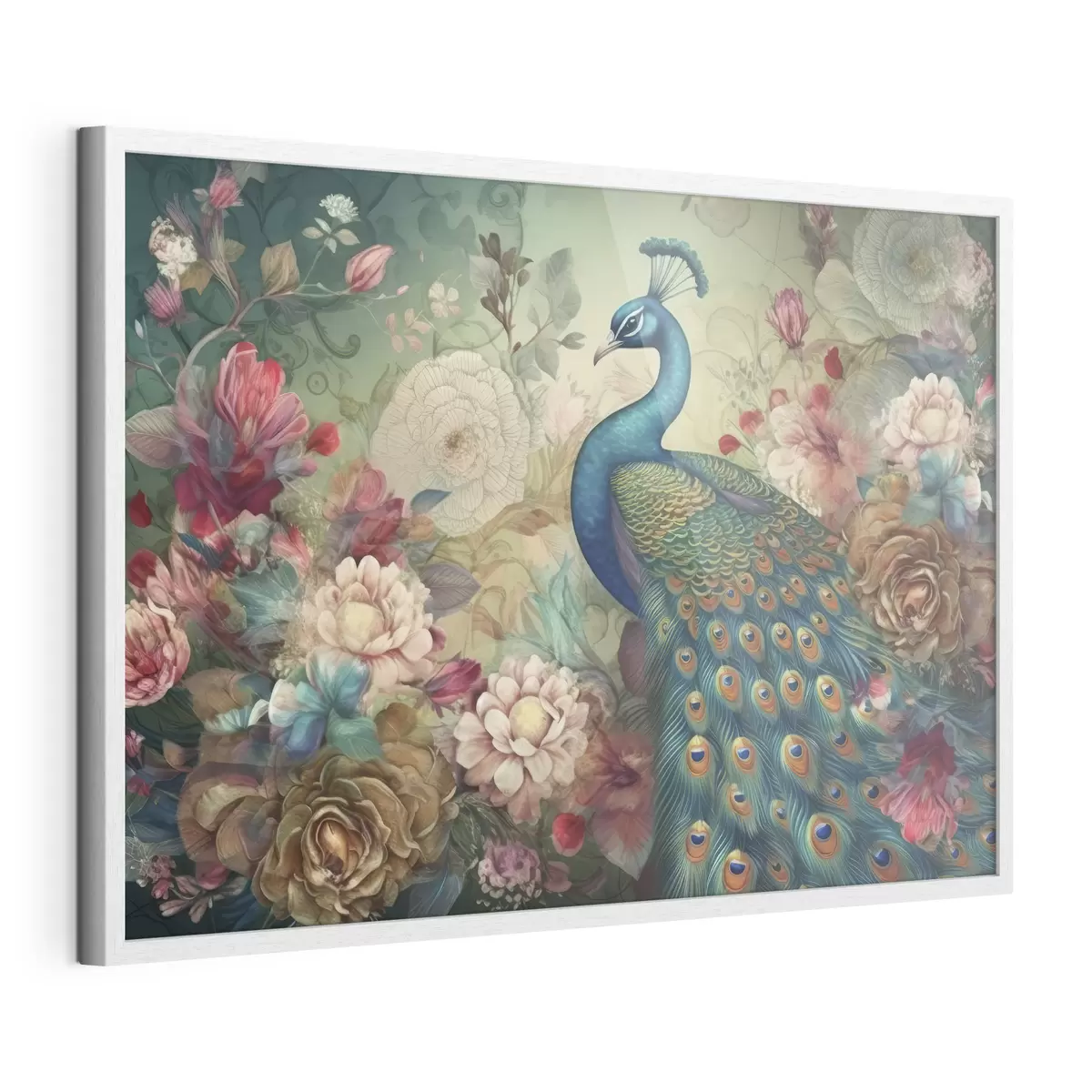 Poster Magnífico pavo real entre flores en flor f34869
