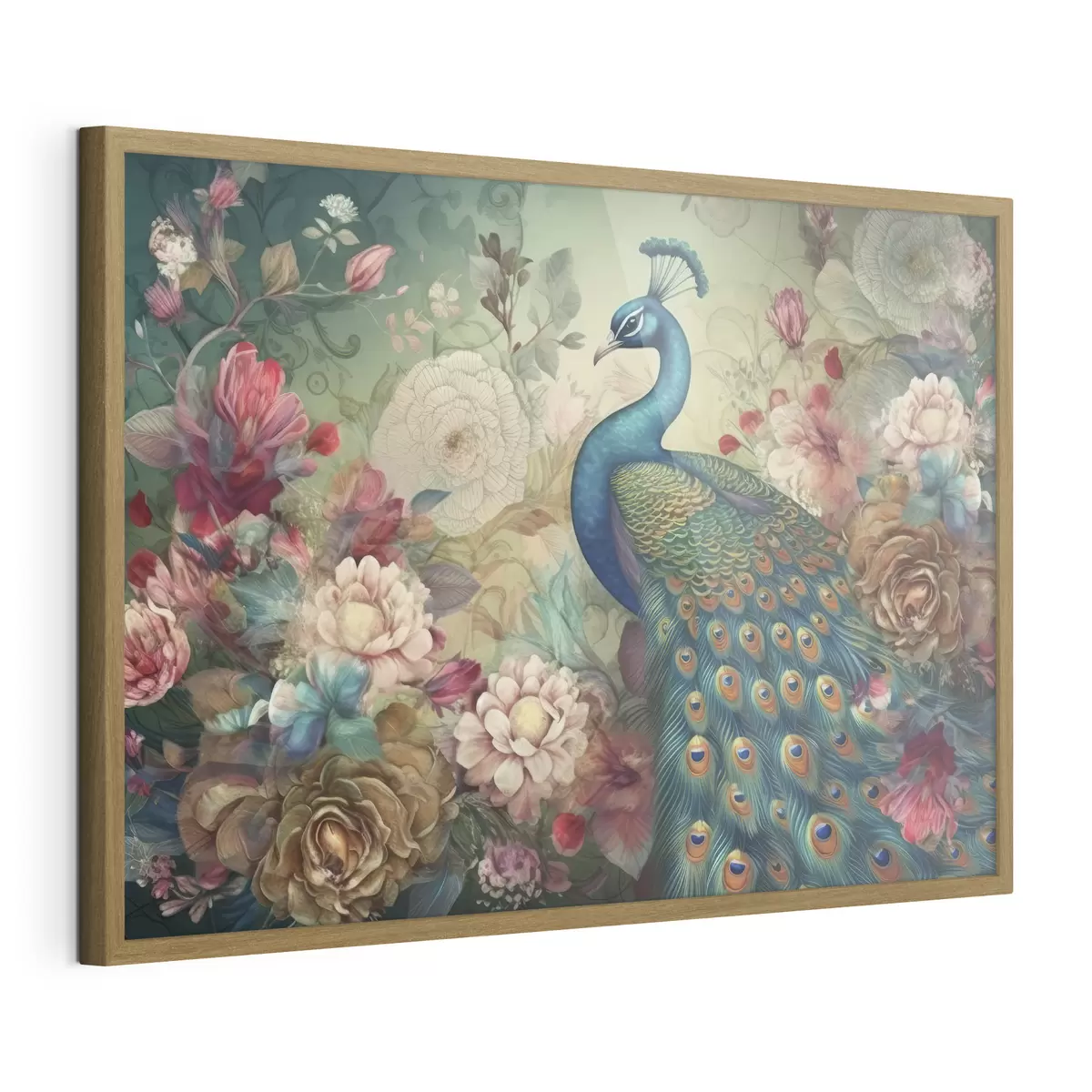 Poster Magnífico pavo real entre flores en flor f34869