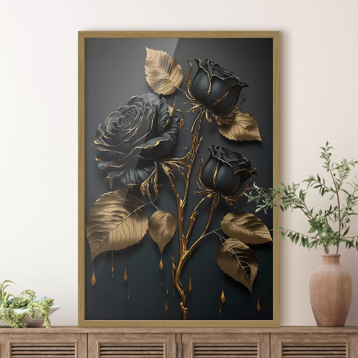 Poster Rosas negras y hojas doradas f33700
