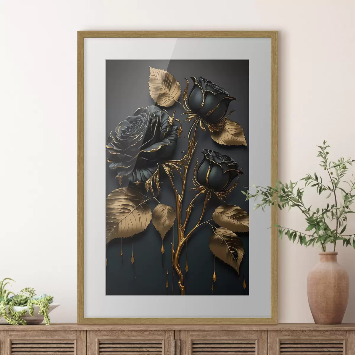 Poster Rosas negras y hojas doradas f33700