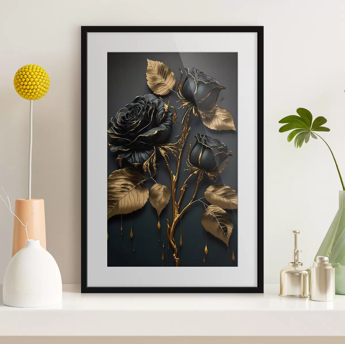 Poster Rosas negras y hojas doradas f33700