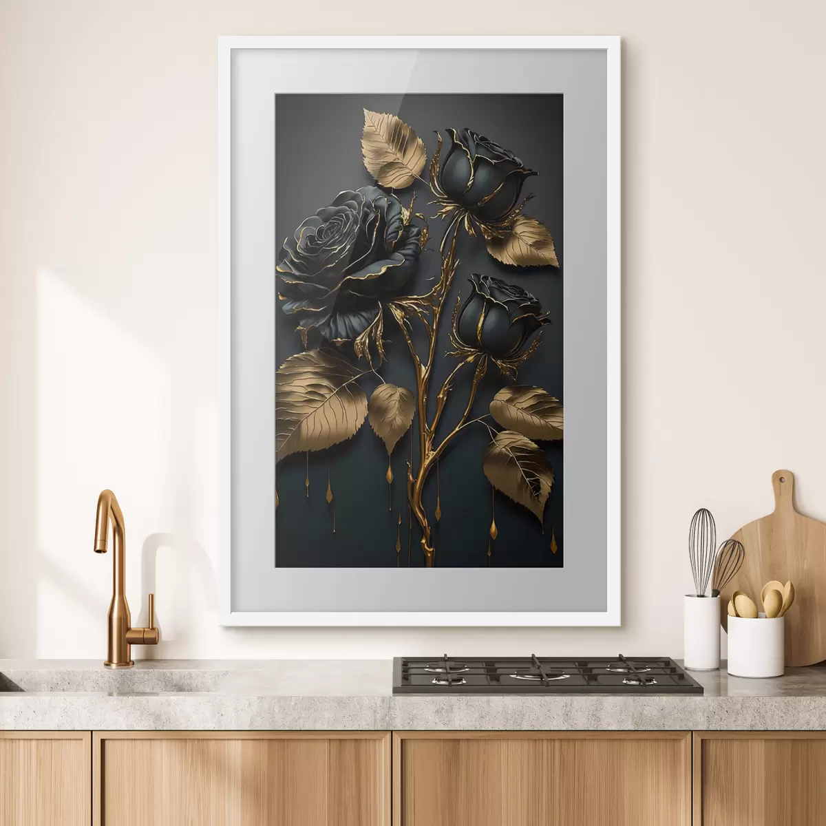 Poster Rosas negras y hojas doradas f33700