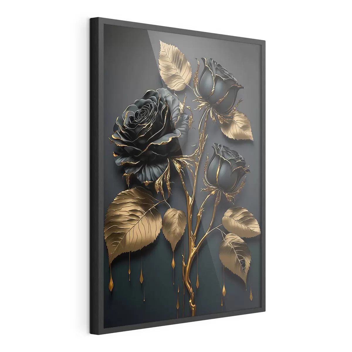 Poster Rosas negras y hojas doradas f33700