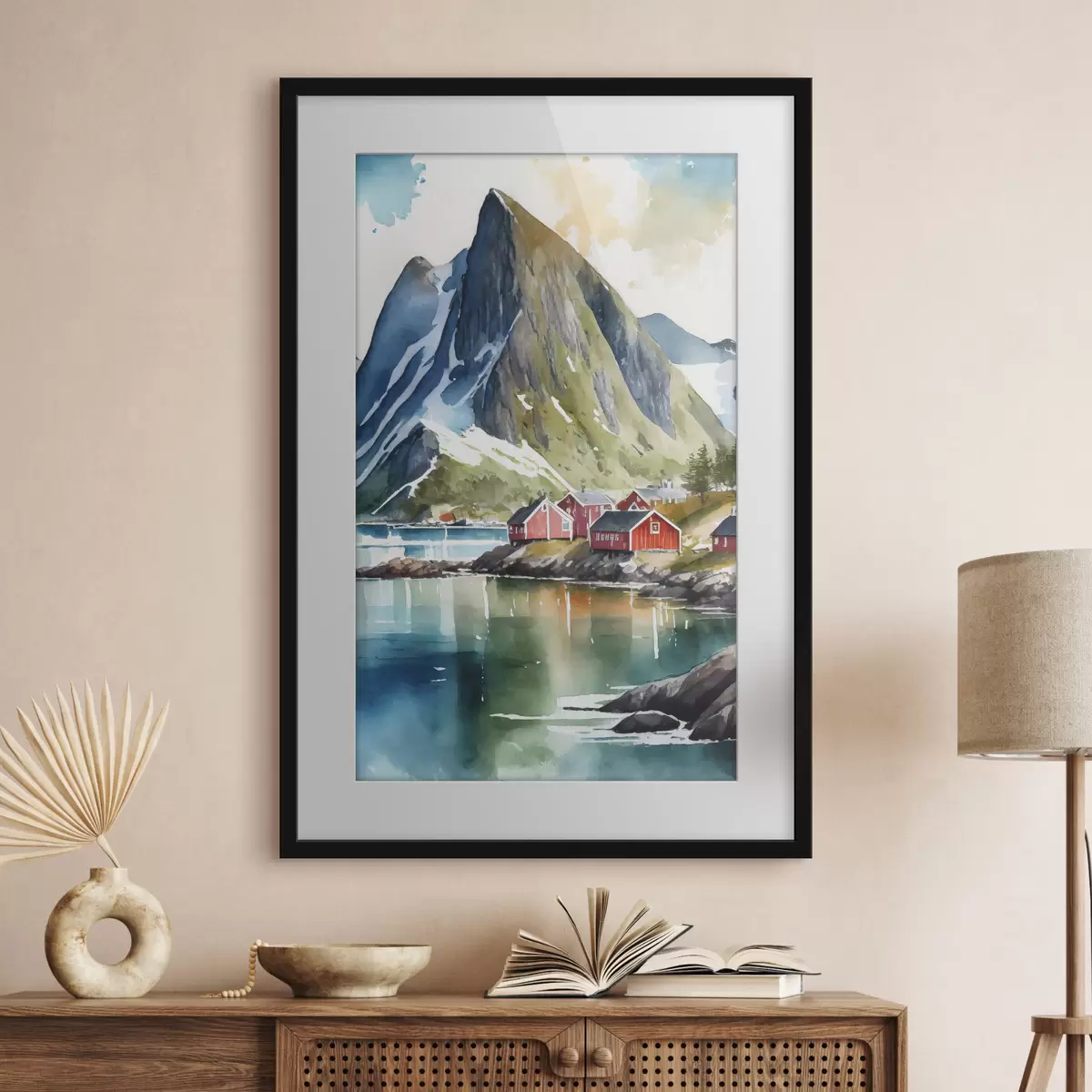 Poster Sereno pueblo junto al lago de montaña f36685