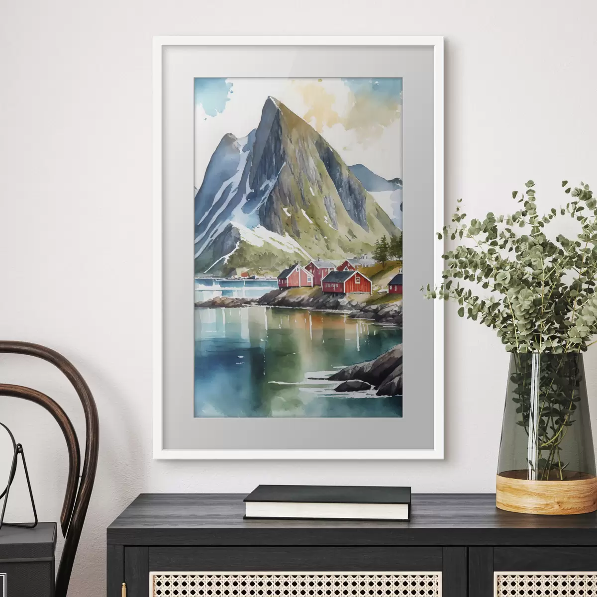 Poster Sereno pueblo junto al lago de montaña f36685