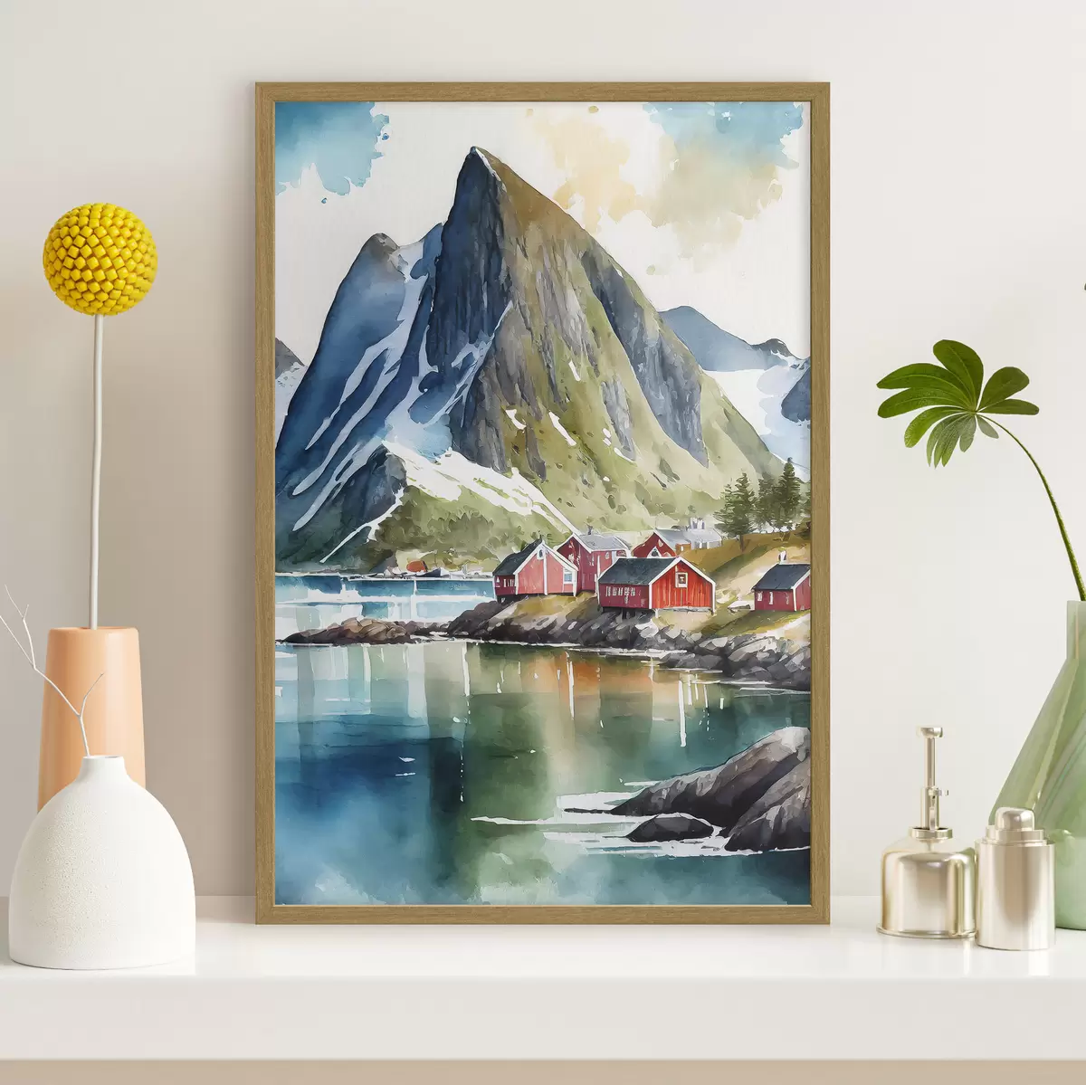 Poster Sereno pueblo junto al lago de montaña f36685