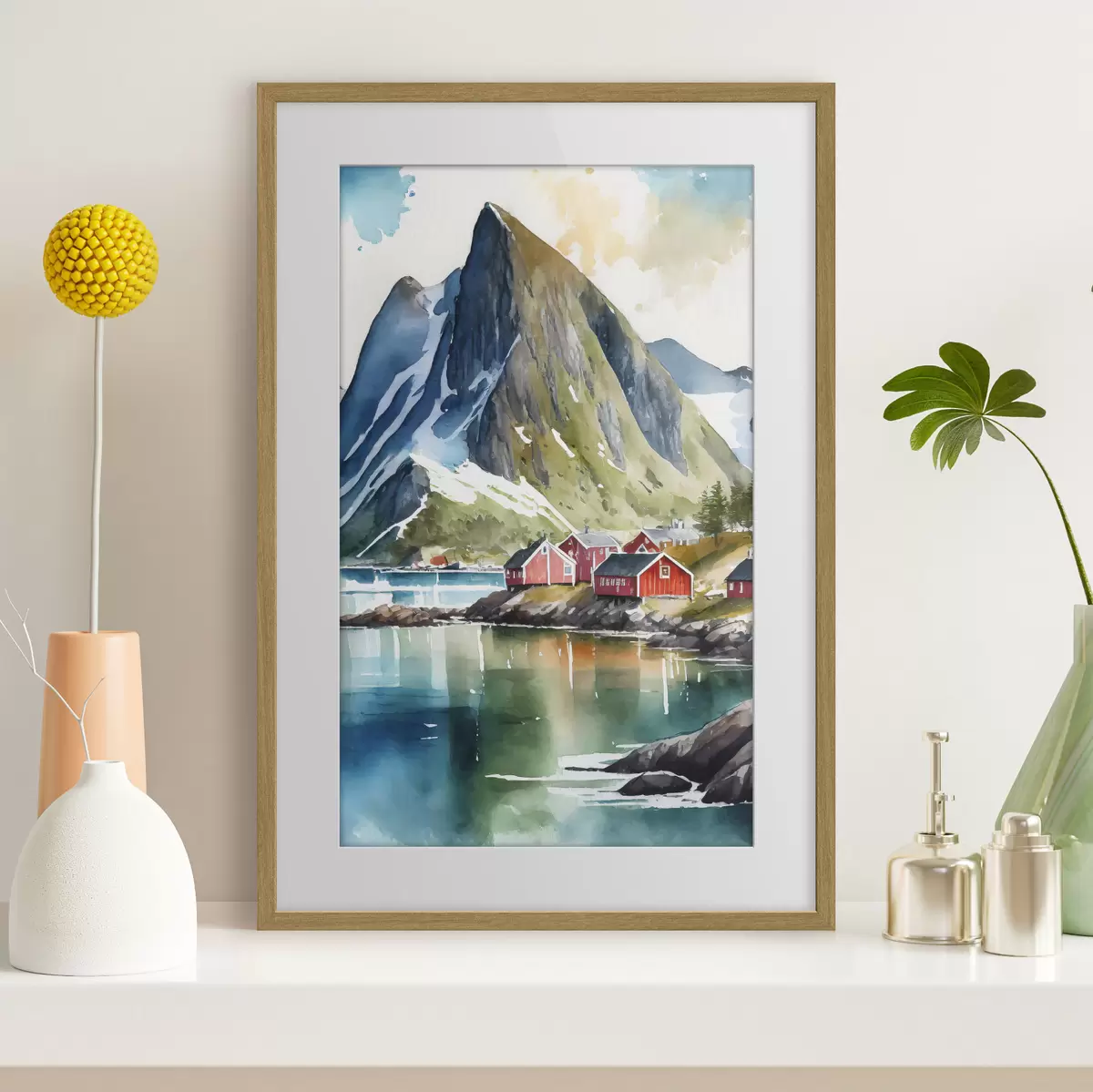 Poster Sereno pueblo junto al lago de montaña f36685