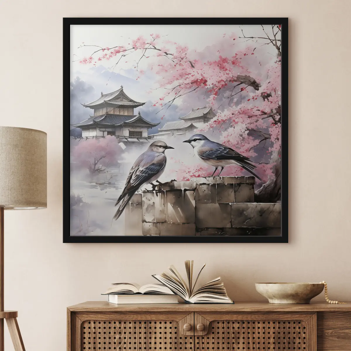 Poster Dos pájaros junto a los cerezos en flor f36815