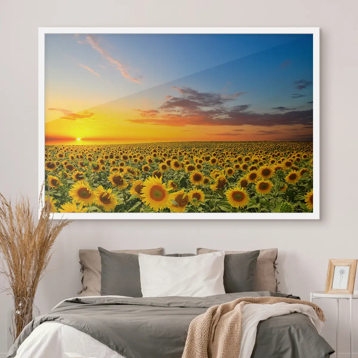 Poster Campo de girasoles al atardecer. Una vista preciosa. f05429