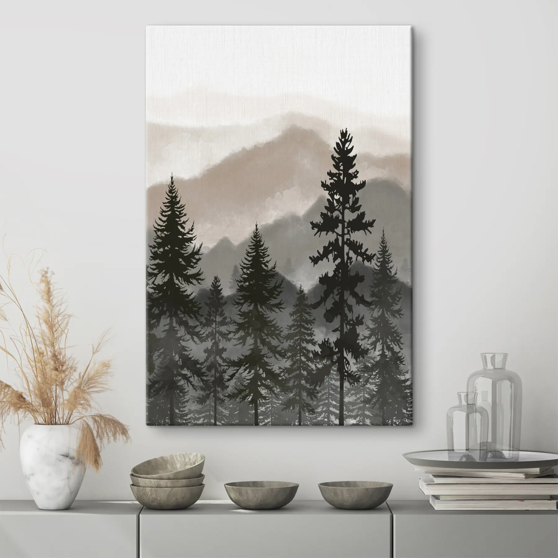 murales de pared Montañas brumosas y árboles de hoja perenne a la sombra s37017v1