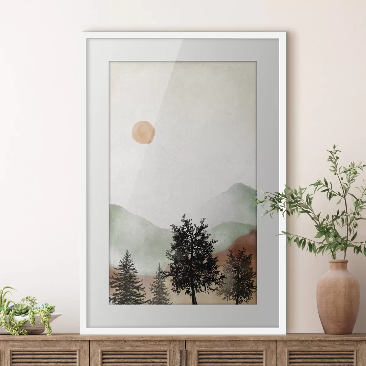 Poster Paisaje sereno con árboles y sol f36592